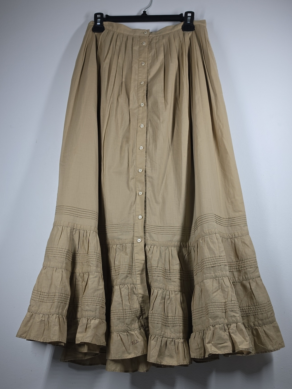 Lauren Ralph Lauren Khaki Cotton Tiered Prairie Maxi Skirt 6 Button Front - Picture 2 of 11